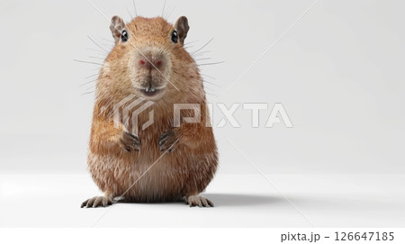 Capybara with funny facial expression posing on bright white studio surface 126647185