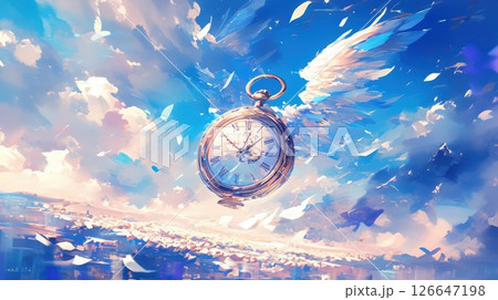 A pocket watch with wings flying through a vivid dreamscape as it ticks away the moments of the day A pocket watch with wings flying through a vivid dreamscape as it ticks away the moments of the day 126647198
