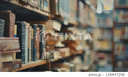 A gentle blur of old and new books mixed on the shelve 126647206