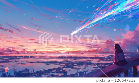 The sky is aglow with the striking path of the radiant comet as it shoots through the atmosphere with unmatched speed 126647218