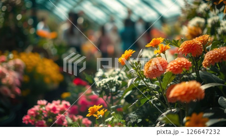Defocused view of an indoor garden bursting with various types of flowers and blurred people admiring the foliage 126647232