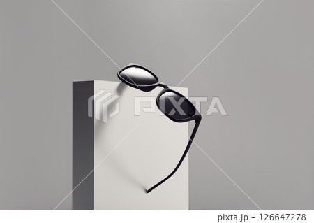 Black sun-protective glasses hanging on white banner. Black sun-protective glasses hanging on white banner. 126647278