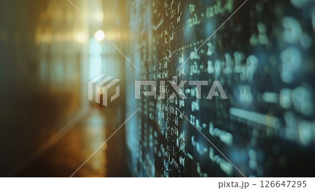 Slightly blurred projector screen displaying equation 126647295