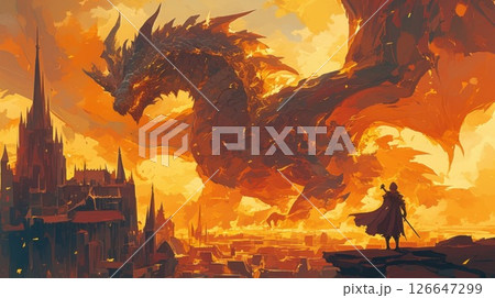 Legends tell of a fierce dragon who wields control over the element of fire watching over a kingdom ruled by the flames of his wrath 126647299