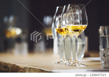 White wines in glasses on table, sommelier tasting preparation. White wines in glasses on table, sommelier tasting preparation. Wine waiter training, winemaking school. 126647325