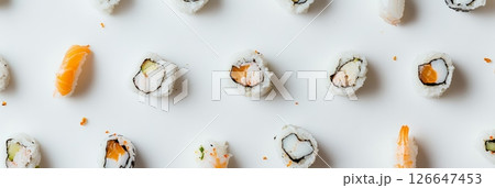 Different types of sushi, including nigiri and maki rolls with salmon, shrimp, and other fillings, are floating against a clean white background, creating an appetizing culinary pattern 126647453