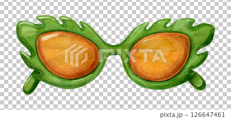 Trendy sunglasses with green leaf shape frame and yellow lenses. Hand drawn watercolor illustration of fashion accessory. Vacation drawing perfect for summer card template and holiday season design. Trendy sunglasses with green leaf shape frame and yellow lenses. Hand drawn watercolor illustration of fashion accessory. Vacation drawing perfect for summer card template and holiday season design. 126647461
