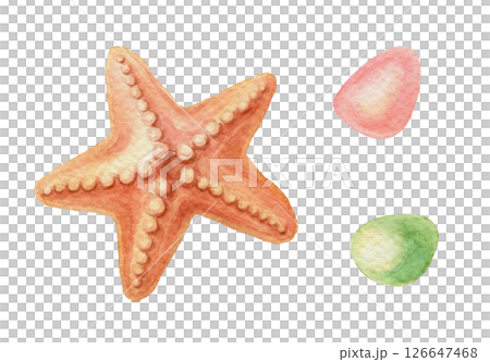 Set of beige starfish and sea glass. Hand drawn watercolor marine illustration of ocean animal and beach decor with realistic texture. Perfect for summer card template and holiday season design. Set of beige starfish and sea glass. Hand drawn watercolor marine illustration of ocean animal and beach decor with realistic texture. Perfect for summer card template and holiday season design. 126647468