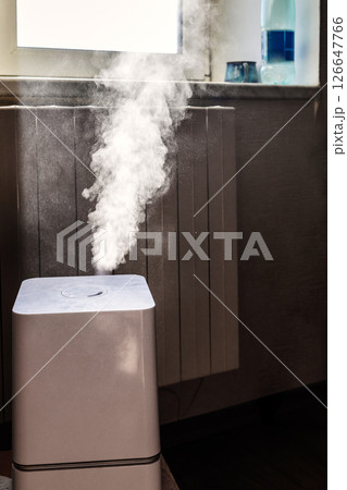 household humidifier emitting water in living room household humidifier emitting water in living room 126647766