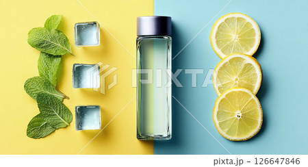 Fresh mint leaves, ice cubes, a clear bottle of lemonade, and lemon slices arranged on vibrant yellow and blue backgrounds, showcasing summer beverage ingredients concept with copy space 126647846