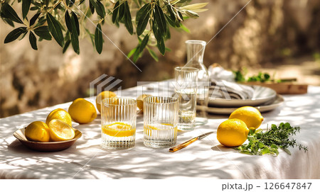Fresh lemons and refreshing lemonade in crystal glasses on a sunlit table, surrounded by greenery and soft textures, evoking a vibrant summer atmosphere 126647847