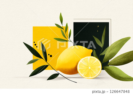 Fresh lemon with vibrant green leaves and colorful backgrounds, showcasing summer lemonade ingredients concept, perfect for refreshing beverage designs and culinary inspirations 126647848