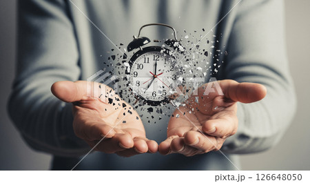 Hands Holding Time Disintegrating Clock 126648050