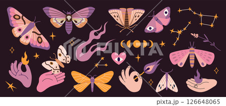 Mystical set with night moths, hand holding flames, stars, constellations and eyes on dark background. Ethereal dark modern vector art for occult themes and esoteric designs, hand drawn, flat 126648065