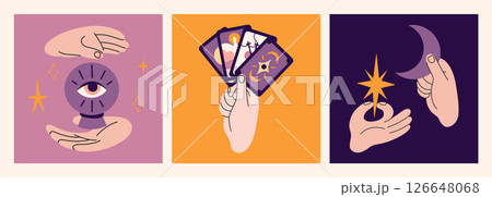 Square compositions with mystical hand gestures holding tarot cards, crystal balls, moon and stars. Whimsical flat style for magic themes and esoteric designs. Trendy modern vector illustration 126648068