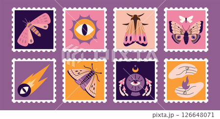 Set of cute hand drawn post stamps with various moths, night butterflies and mystical esoteric elements. Nocturnal insect collection. Trendy modern vector illustrations, flat design 126648071