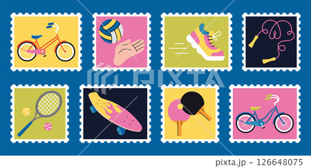 Set of Vibrant sport themed post stamps with active lifestyle equipment in playful flat style. Colorful fitness art. Trendy modern vector illustrations 126648075