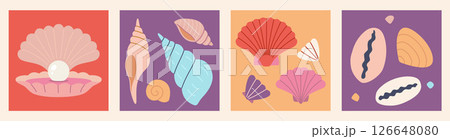 Square compositions with seashells and scallop pearl. Marine design for nautical decor and ocean inspired designs. Modern vector illustration, hand drawn, flat design. Square compositions with seashells and scallop pearl. Marine design for nautical decor and ocean inspired designs. Modern vector illustration, hand drawn, flat design. 126648080