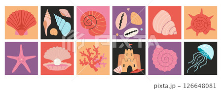 Square colorful icons with seashells, corals, starfish, jellyfish and scallop pearl. Marine design for nautical decor and ocean inspired designs. Trendy modern vector illustrations, flat Square colorful icons with seashells, corals, starfish, jellyfish and scallop pearl. Marine design for nautical decor and ocean inspired designs. Trendy modern vector illustrations, flat 126648081