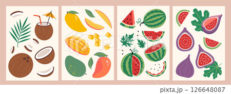 Vertical cards with mango, coconut, watermelon and fig, whole fruits, slices and seeds. Healthy eating, vitamins and natural nutrition. Trendy modern vector illustrations, flat Vertical cards with mango, coconut, watermelon and fig, whole fruits, slices and seeds. Healthy eating, vitamins and natural nutrition. Trendy modern vector illustrations, flat 126648087