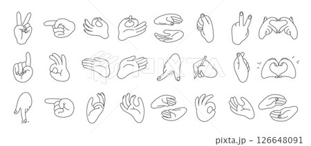 Line art set of Hands gestures with editable unexpanded outlines, stroke in curves. Gesturing human arms making Heart shape, showing OK sign and holding pen. Doodle style vector illustration 126648091