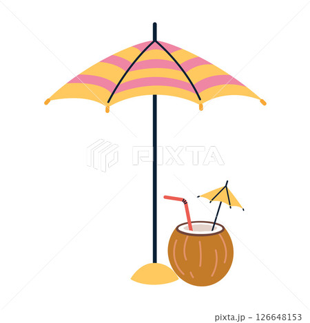 Striped beach umbrella and coconut drink in flat style. Relaxing summer scene with tropical vacation vibes. Fun and colorful design. Trendy modern vector illustration isolated on white, hand drawn 126648153