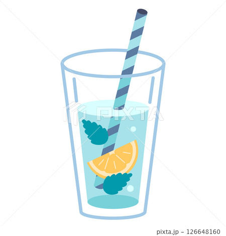 Glass of water with mint, lemon slice and straw. Refreshing summer drink. Vector illustration isolated on white, hand drawn, flat design Glass of water with mint, lemon slice and straw. Refreshing summer drink. Vector illustration isolated on white, hand drawn, flat design 126648160