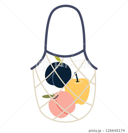 Reusable mesh, string bag with colorful summer fruits like plum, apple, and peach. Trendy modern vector illustration isolated on white background, hand drawn, flat design 126648174
