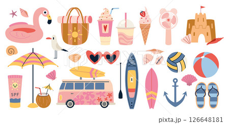 Bright summer icons set with beach items, desserts, accessories and sea elements. Vacation vibes and seaside adventures. Trendy modern vector illustration isolated on white, hand drawn, flat design 126648181
