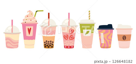 Set of takeaway drinks like bubble tea, smoothies, coffee, matcha latte, milkshake, ice cream and hot beverages in cute cups. Trendy modern vector illustration isolated on white, hand drawn, flat 126648182