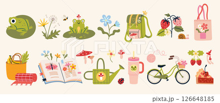 Whimsical summer picnic set with frogs, flowers, fruit, books and a bike, evoking nature, relaxation, and simple outdoor joys. Trendy modern vector illustration isolated on white, hand drawn, flat 126648185