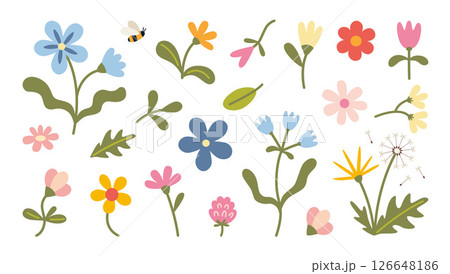 Set of whimsical wildflowers and leaves with a bee, perfect for summer designs and nature themed projects. Trendy modern vector illustration isolated on white, hand drawn, flat Set of whimsical wildflowers and leaves with a bee, perfect for summer designs and nature themed projects. Trendy modern vector illustration isolated on white, hand drawn, flat 126648186