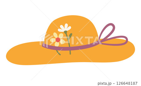 Straw summer hat decorated with flowers and a purple ribbon. Trendy modern vector illustration isolated on white, hand drawn, fla 126648187