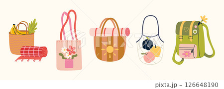 Eco friendly reusable bags set with tote, string bag, picnic basket, straw beach bag and backpack. Plastic-free lifestyle and sustainable shopping. Modern vector illustration, hand drawn, flat 126648190