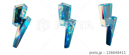 Glossy Iridescent 3D Lightning Bolt Shapes on a White Background 126648411