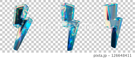 Glossy Iridescent 3D Lightning Bolt Shapes on a White Background 126648411