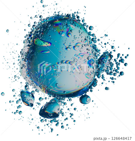 Abstract Iridescent Bubble with Surrounding Water Droplets on White Background 126648417