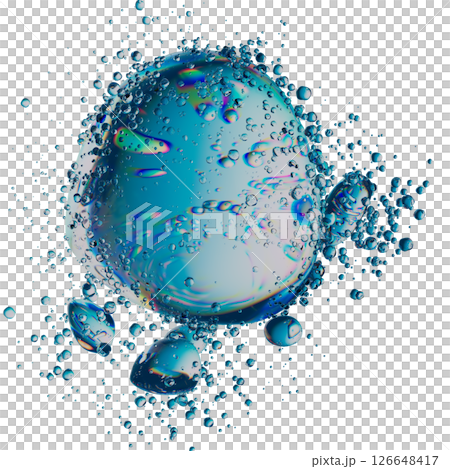 Abstract Iridescent Bubble with Surrounding Water Droplets on White Background 126648417