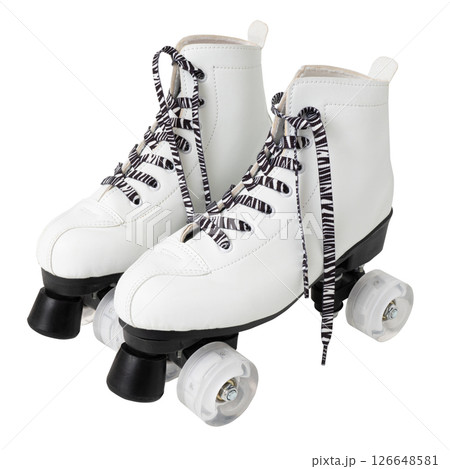 Vintage white roller skates with black and white striped laces Vintage white roller skates with black and white striped laces 126648581