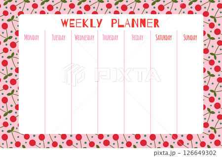 Cute vector cherry weekly planner template with summer fruit background for daily plans and schedules Cute vector cherry weekly planner template with summer fruit background for daily plans and schedules 126649302