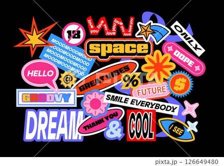 Fun collection y2k patches, labels, tags and stamps. Stickers with short phrases in retro cartoon style. Groovy vector set, trendy promo labels in 90s hipster grunge funk style. Flat illustrations. Fun collection y2k patches, labels, tags and stamps. Stickers with short phrases in retro cartoon style. Groovy vector set, trendy promo labels in 90s hipster grunge funk style. Flat illustrations. 126649480