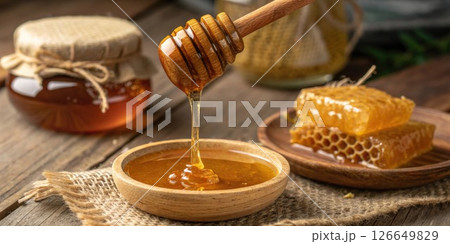 Golden Honey A closeup of honey drizzling from a wooden dipper the viscosity of the golden liquid creating a smooth and glossy appearance against a rustic backdrop.. 126649829