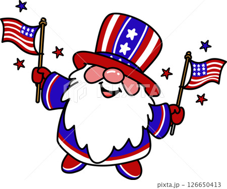 Cartoon Patriotic Gnomes Character Holding American Flags Illustration	 126650413