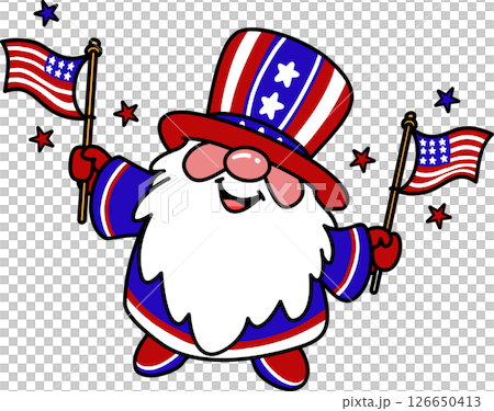 Cartoon Patriotic Gnomes Character Holding American Flags Illustration	 126650413