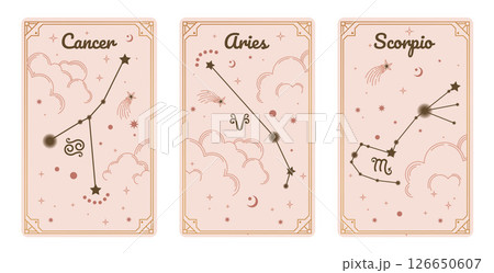 Cancer Aries and Scorpio zodiac symbols surround clouds, stars, luxury, esoteric, and boho styles. Fit for paranormal, tarot readers, and astrologers 126650607