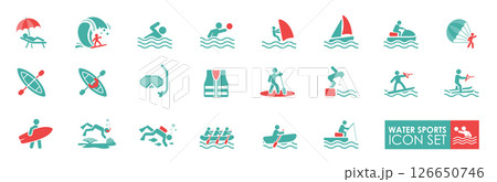 The water sport solid icon set, Contains such Icons as Riding Water Bike, WindsurfingSUP Boarding, and more 126650746