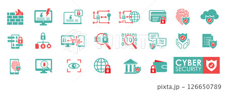 Cyber security icons set. Containing secured payment, encryption, safety, firewall, data protection, locked, password, and cybersecurity icon. Solid icon style. 126650789