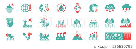 Global warming Icon set Solid icon simple style. Vector illustration Contains CO2, thunderstorm, world, destroy, Factory, Iceberg, Polar bear 126650795