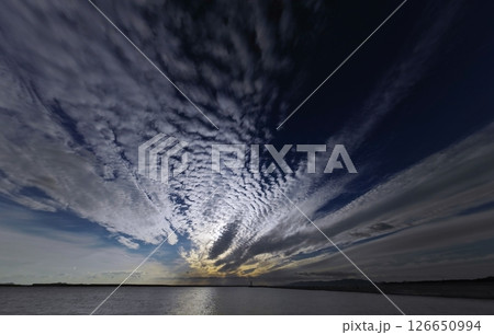 雲が放射状に広がった夕方の空と港・秋・超広角・空主体・241030pm 126650994