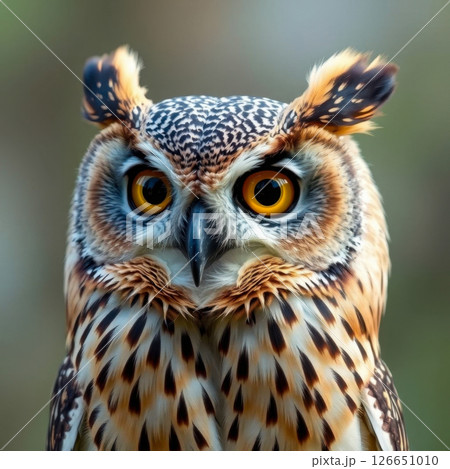 Excellent portrait of an owl. Close-up portrait of an owl with stunning yellow eyes. 126651010